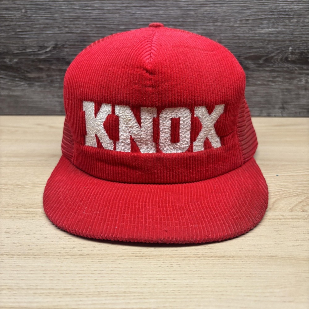 Vintage KNOX Hat Cap Snap Back Red White Trucker Mesh Corduroy Mens 80s